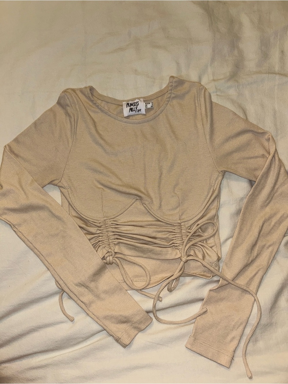 Princess Polly Neutral Ruched Drawstring Long Sleeve Crop Top